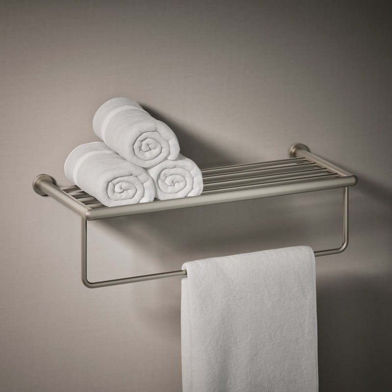 Kumin Hotelier Accent Shelf with Towel Bar, Vibrant Brushed Nickel