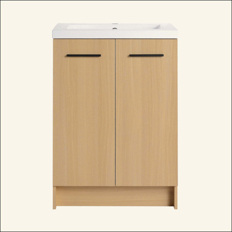 Meuble-lavabo autoportant avec lavabo en résine, rangement à double porte, KD (prêt à assembler), avec poignées en aluminium noir et brossé