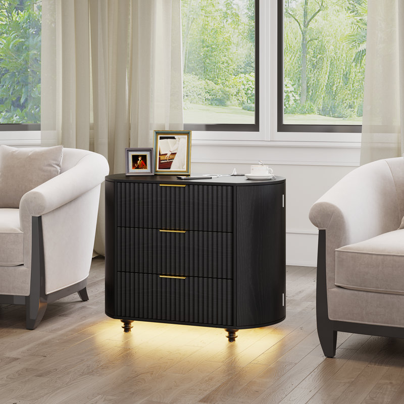 80cm W Solid + Manufactured Wood Bedside Table, Black