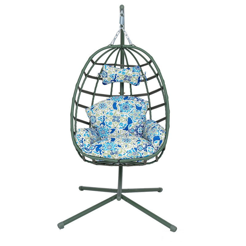 Outdoor PE Rattan Hanging Swing Chair with Heavy-duty Double Rope, Blue Floral, Dark Green