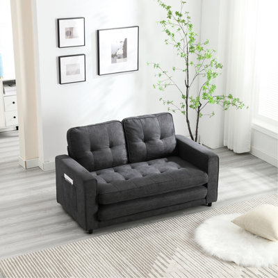 Ebern Designs 3 Fold Futon Couch Bed, Convertible Sleeper  Space Saving , Velvet Linen Fabric Side Storage Bag  For Living Room