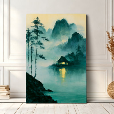 Japandi Misty Mountain Lake Canvas Print Ink Wash Landscape Artwork - Living Room Bedroom Wall Decor
