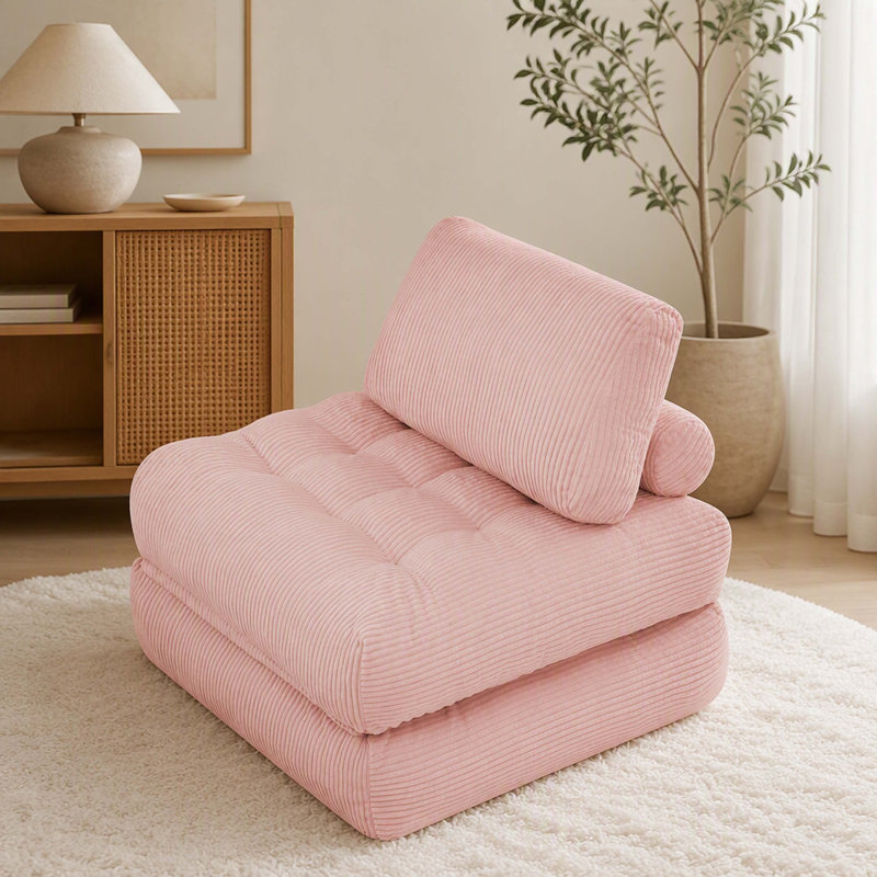 Pouf pliable une place en velours côtelé rose de 160 cm, canapé moelleux et confortable pour salon, chambre et dortoir.