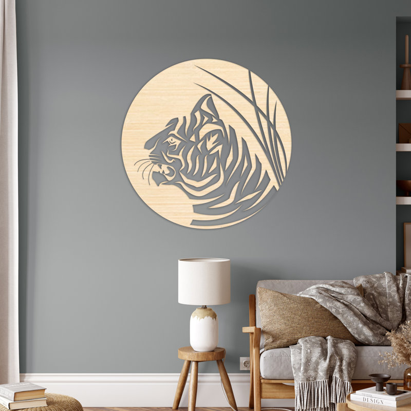 Décoration murale cercle avec chat abstrait - Bouleau baltique naturel, H 32 po x l 32 po x P 0,25 po