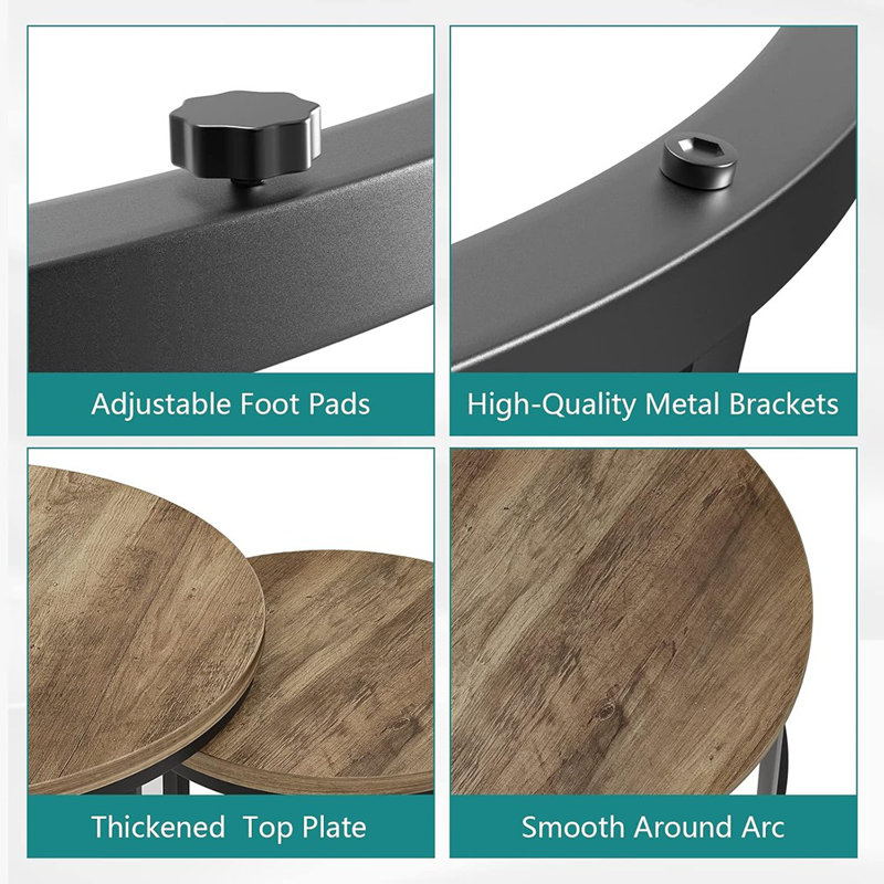 Maxaya A Set Of Two Nesting Coffee Tables Measuring 23.6" In Diameter And Featuring A Wood Grain Top, Adjustable Non-slip Feet, And An Industrial Style, Perfect For Living Rooms, Bedrooms, Balconies, And Yards.