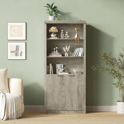 71" Tall Bookshelf with Fluted Doors, 5 Tier Bookcase Display Shelves with Storage Cabinet & Adjustable Shelf, Mid-Century Modern Bookshelves, Oak