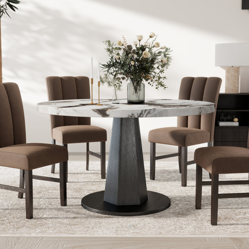 Roundhill Furniture Cavira Modern Faux Marble Dining Table with Wood Pedestal Base, Off-White, White