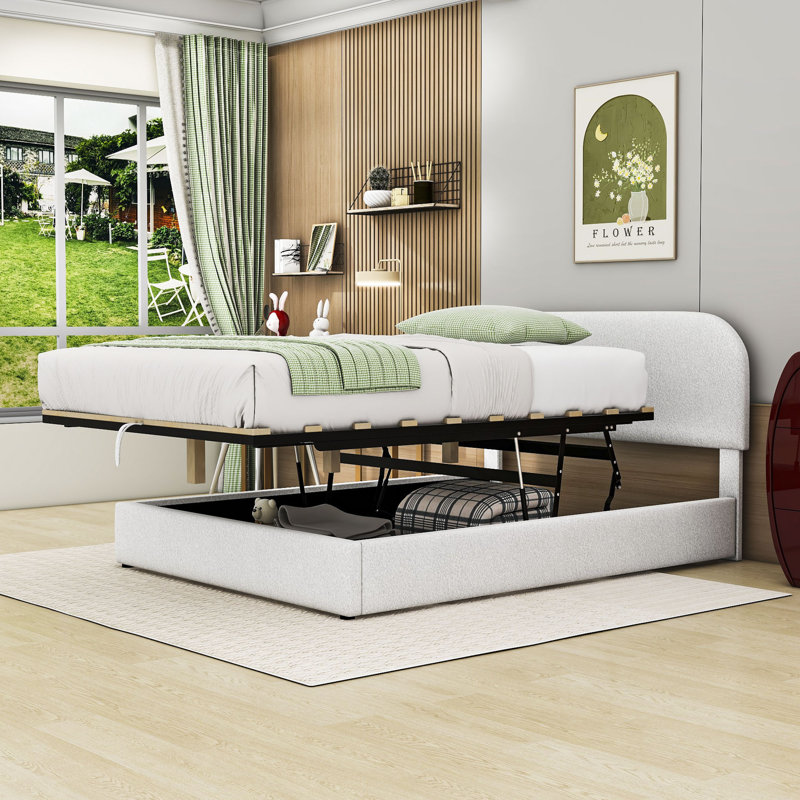 Jaggar Luxurious Upholstered Platform Bed with Hydraulic Storage, Full, White