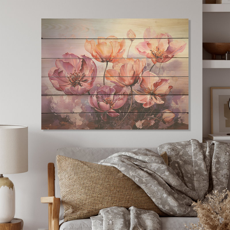 Farmhouse Ad Coral Tulips Florescence - Tulips Wood Wall Art On Natural Pine Wood, 30" H x 40" W