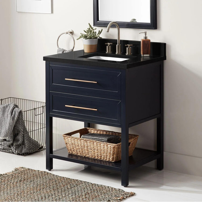 30" Robertson Single Bathroom Vanity Set with Rectangular Undermount Sink, 8" Widespread, Carrara Marble, Midnight Navy Blue
