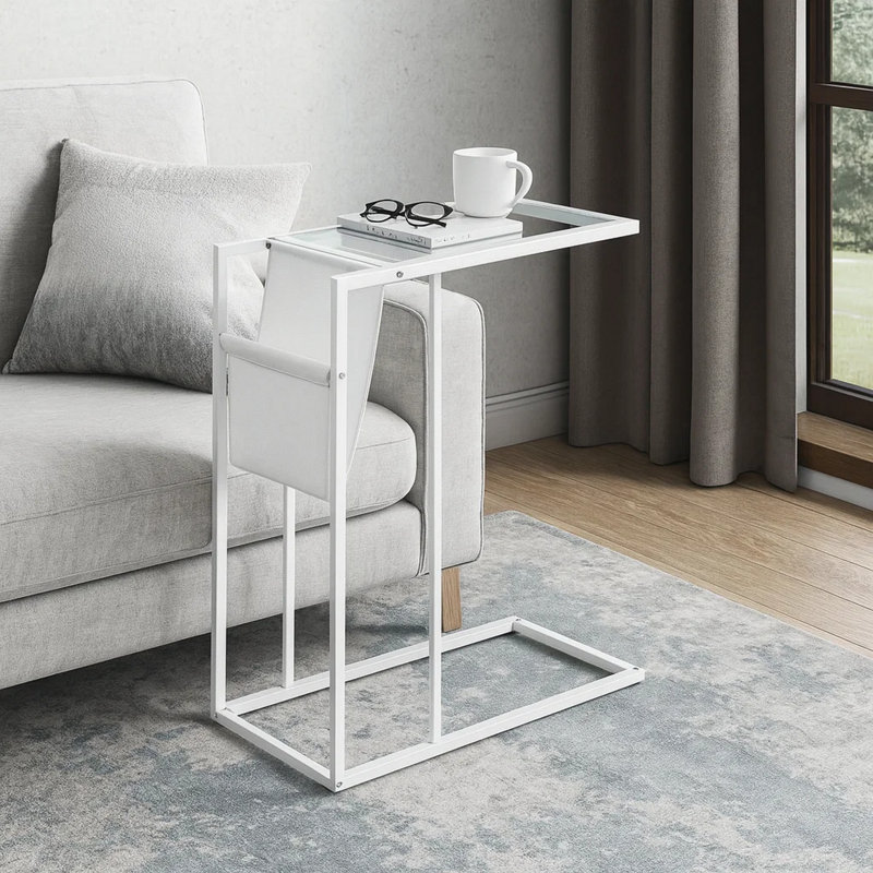 Table de bout décorative Accent, plateau en verre de 20 po avec rangement en C et métal blanc