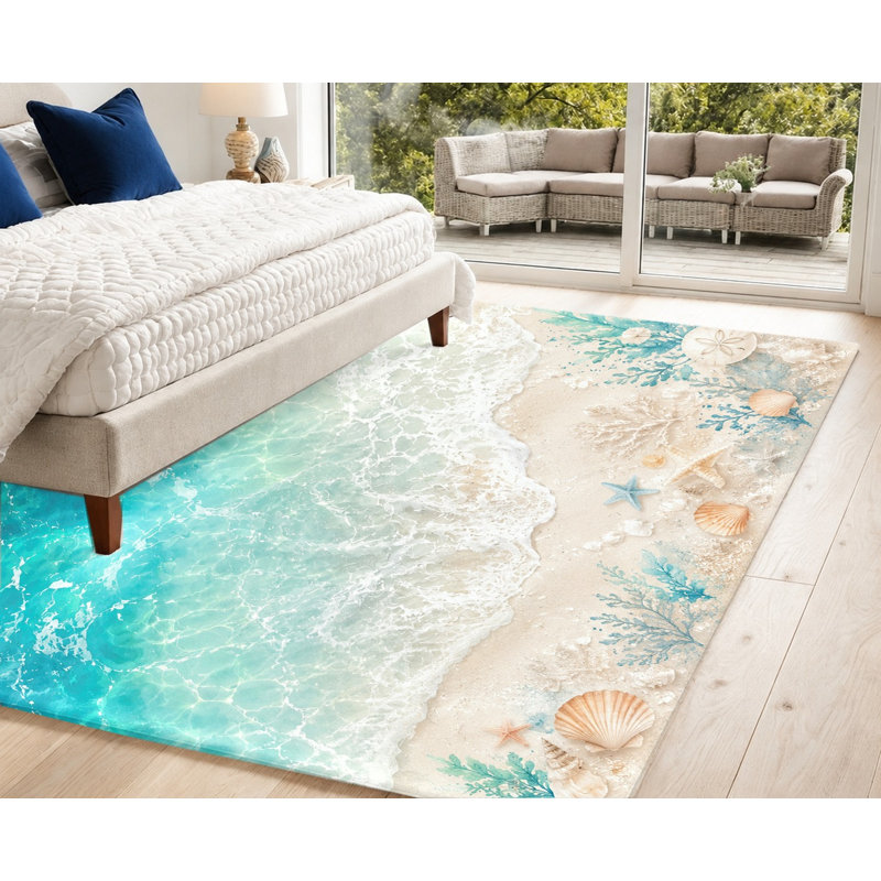 Tapis de plage à motif vagues océaniques, sable, coquillages et eau turquoise réalistes, design artistique, antidérapant, décoration intérieure vibrante pour salon, chambre, entrée, cuisine, balcon, appartement