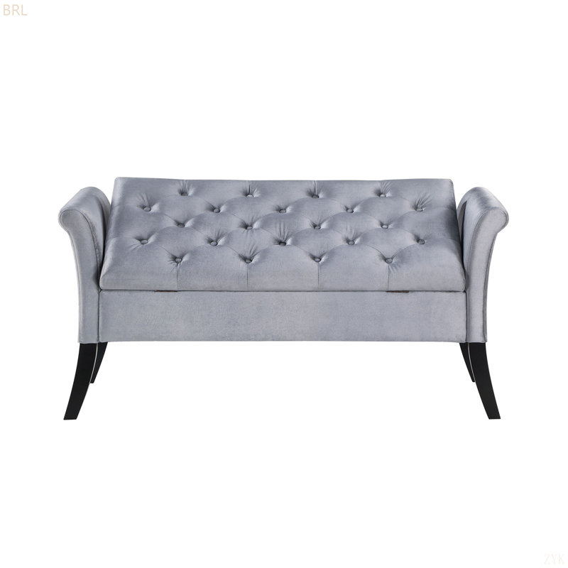 Banc de rangement rembourré en velours avec accoudoirs roulés, Argent argent