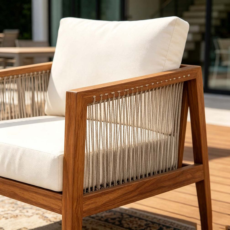 Fauteuils club d'extérieur, structure en bois d'acacia avec dossier en corde, coussins hydrofuges, Beige,Teak-2pieces
