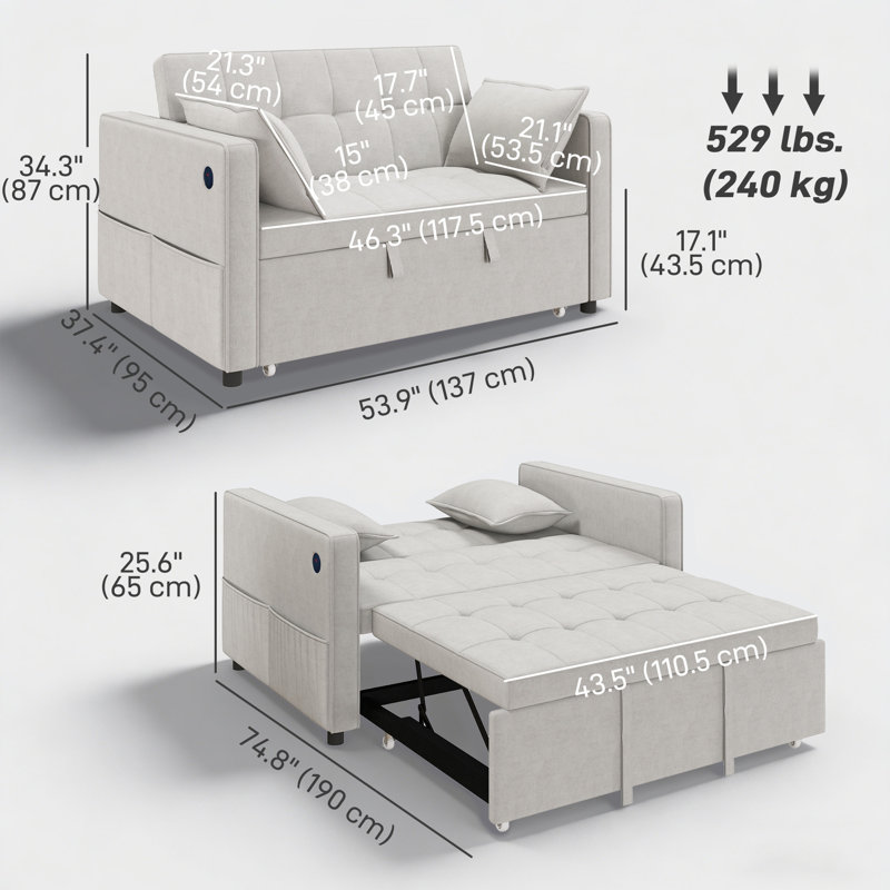 Canapé-lit, canapé-lit escamotable avec chargement USB, dossier réglable, Beige