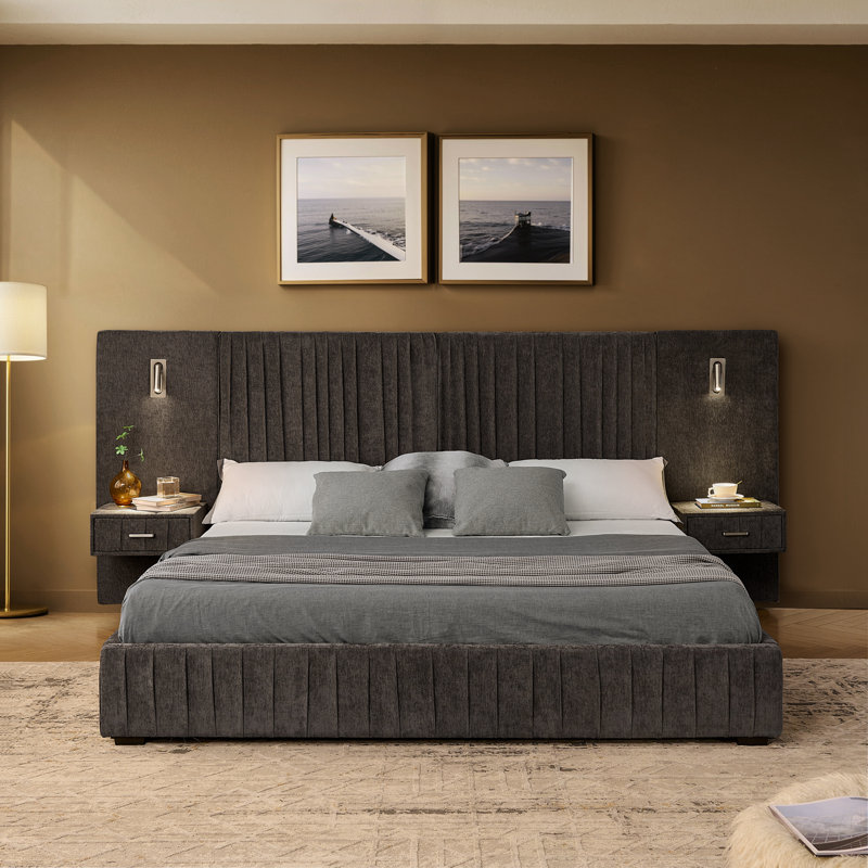 Queen Size Chenille Upholstered Bed With Bedside Table, Dark Gray