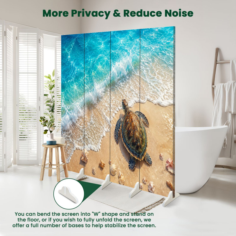 Cloison pliante 4 panneaux paravent Royal Sea Turtle Tropical Beach Turquoise Ocean Waves Seashells Toile écran Séparateur de pièce Autoportant Cloison de protection Cloison d'intimité