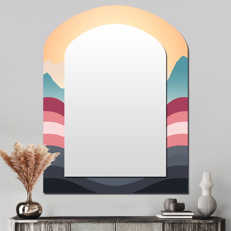 Bold Graphic Sunset In Teal and pink I - Geometric Asymmetrical Decorative Mirror, Pink Arch Wall Mirror, Printed Metal Art