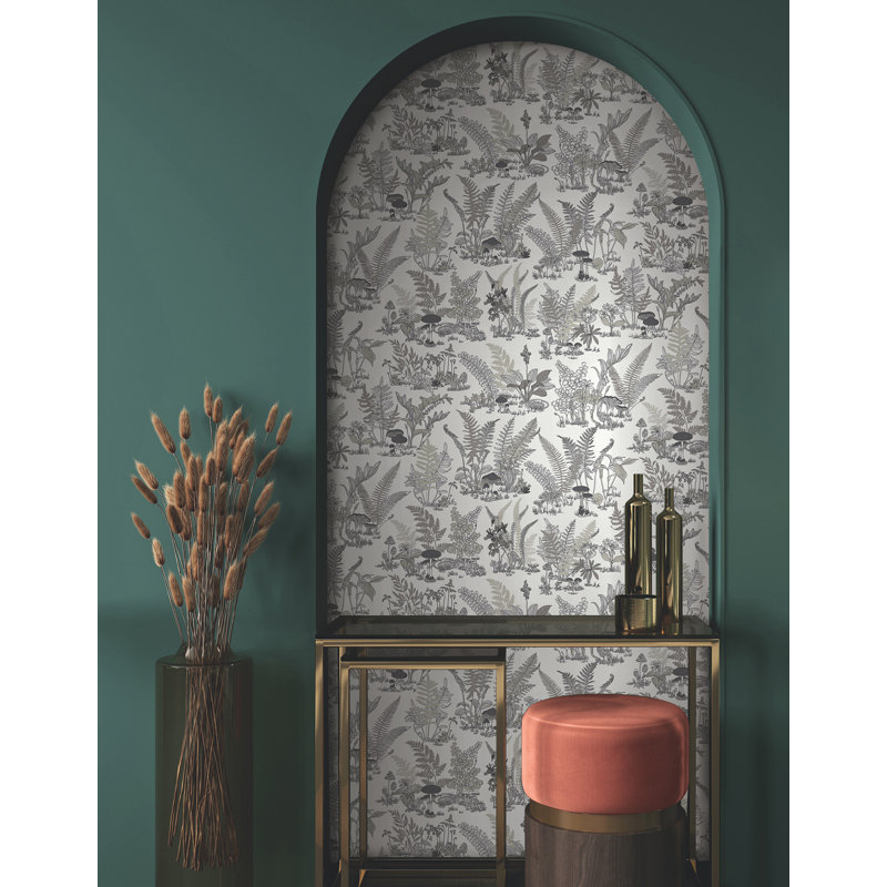 Mushroom Garden Toile Wallpaper Roll, Black & Gray