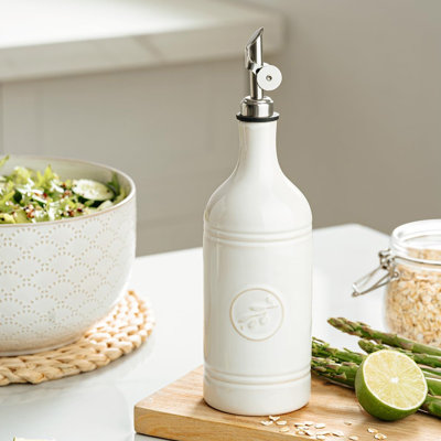 Distributeur d'huile en céramique opaque 18 onces avec bec verseur automatique en acier inoxydable, évier de cuisine et vinaigrier