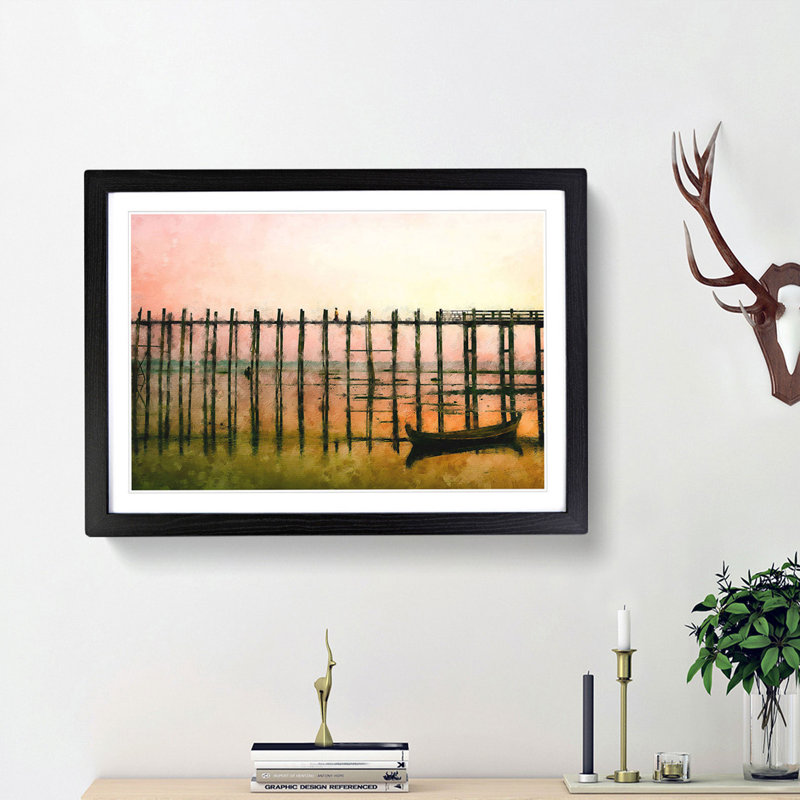 U Bein Bridge in Myanmar - Picture Frame Painting Print, 62cm H x 87cm W x 2cm D, Black Framed
