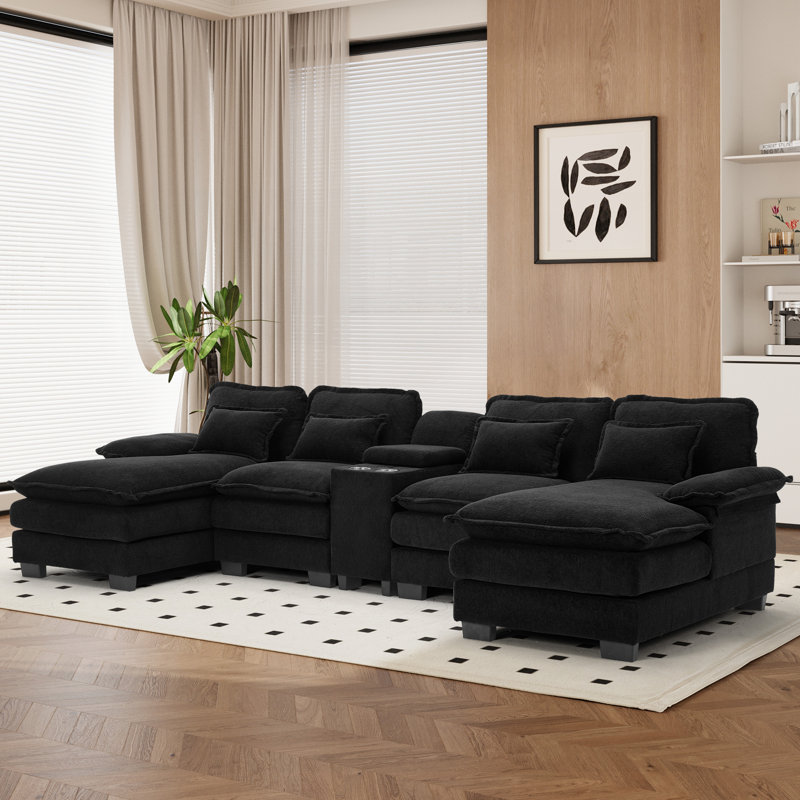Canapé modulaire surdimensionné en U 133 po en chenille avec porte-gobelets avec console de rangement et USB 133 po