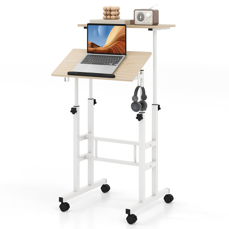 Bureau debout mobile Giantex, bureau assis-debout à hauteur réglable, bureau d'ordinateur portable portatif, poste de travail d'ordinateur à 2 niveaux pour le bureau personnel
