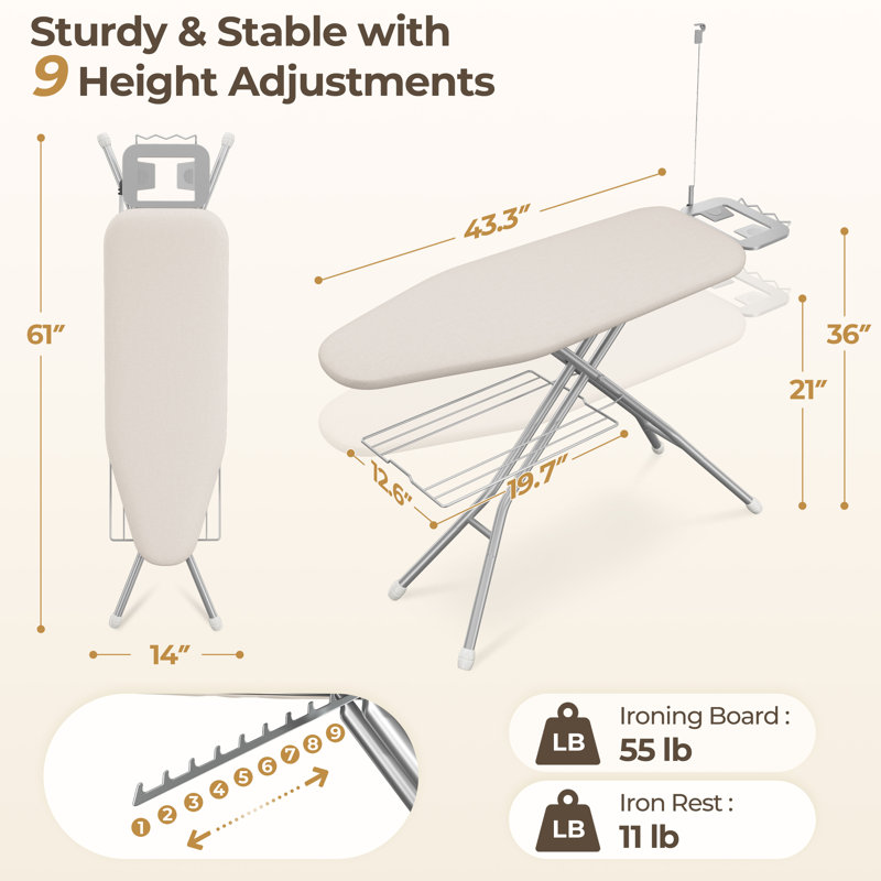 Table à repasser à hauteur réglable avec 4 pieds, Beige avec portemanteau