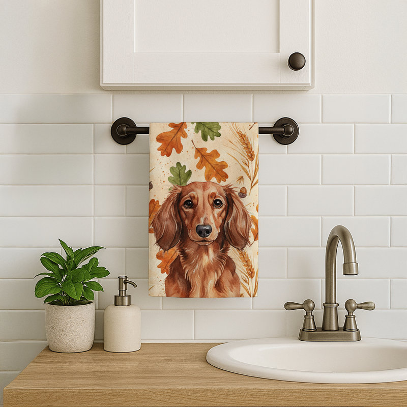 Longhaired Red Dachshund Heirloom Fall Kitchen Towel, Longhaired Red Dachshund