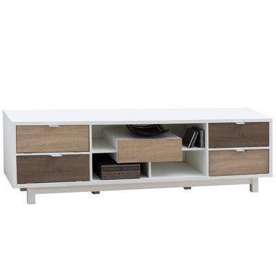Modern 70-inch White TV Stand Entertainment Center with Natural Wood Accents -  Latitude Run®, 94271CA043964FF9A02E78AE3752C610