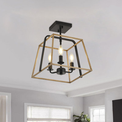 3-Light Farmhouse Semi Flush Mount Ceiling Light, Black Metal Cage with Wood Grain Finish, Rustic Industrial Close to Ceiling Fixture, ETL Listed, E12 Base, Dimmable, for Kitchen, Bedroom, Hallway