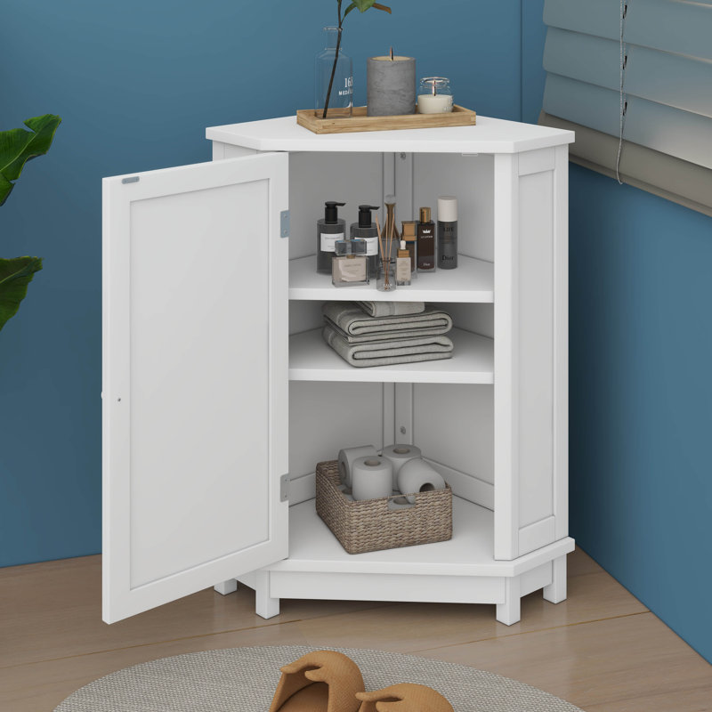 Corner Storage Cabinet With Doors, Triangle Bathroom Cabinet With Adjustable Shelves, White