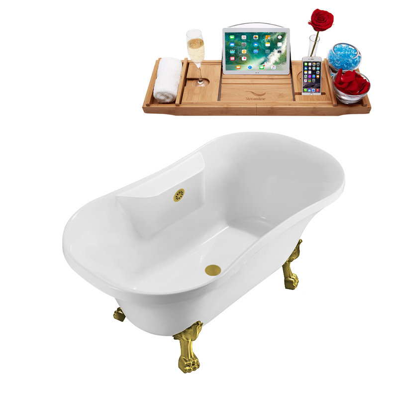 Baignoire de trempage sur pieds 60 "avec drain, pattes et plateau en bambou 60" Streamline, Or brossé, Or brossé