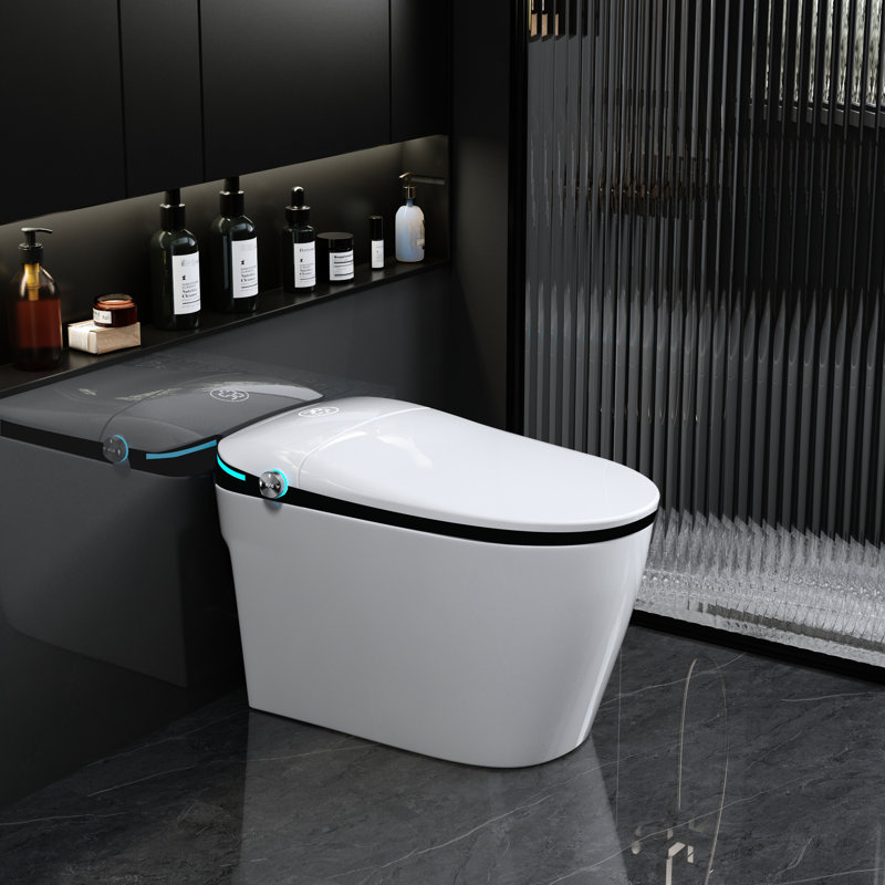 Toilette intelligente en porcelaine blanche - Siège à ouverture / fermeture automatique, capteur de pied, chasse d'eau, nuit, porcelaine, séchage à l'air chaud, réglage de la température du siège chauffant,