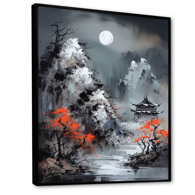 Cri de lune rouge Garrettville, Japon III, H 44 po x l 34 po x P 1,5 po, Cadre flottant noir