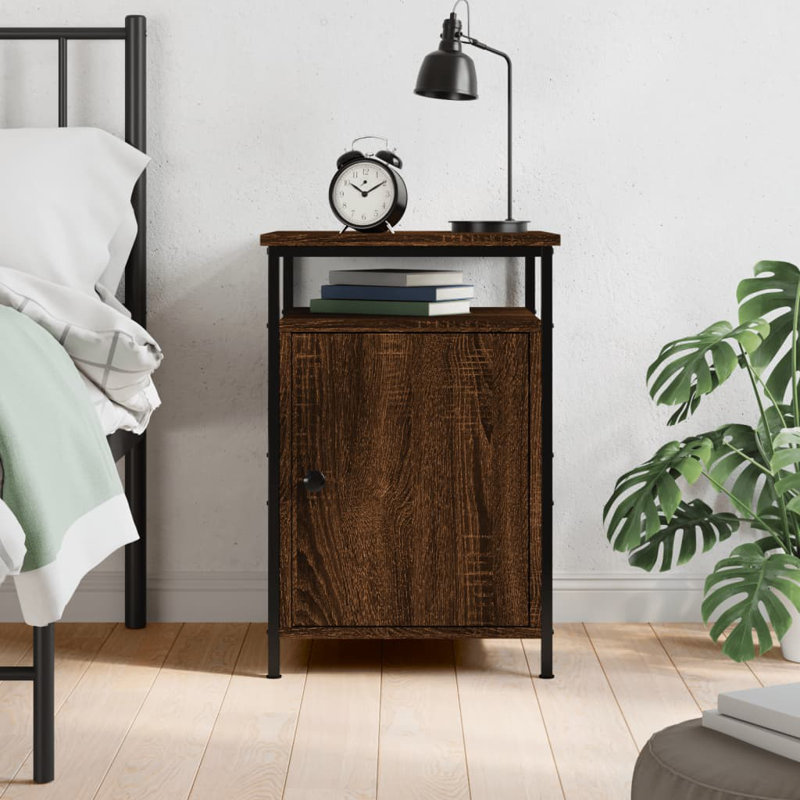 Cyndra 40cm W Iron Bedside Table, Brown Oak