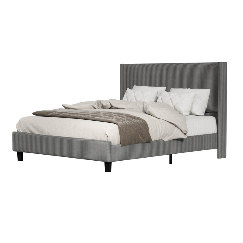 Schauer Corduroy Upholstered Wingback Bed, Metal Frame , Plywood Slats, No Box Spring, Gray, Full / Double