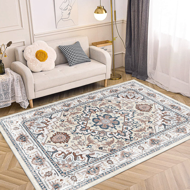 Area Rug 5X7 Vintage Bohemian Persian Non-Slip Washable Rug For Living Room Kitchen Bedroom Living Room Flower Design Orange-Yellow