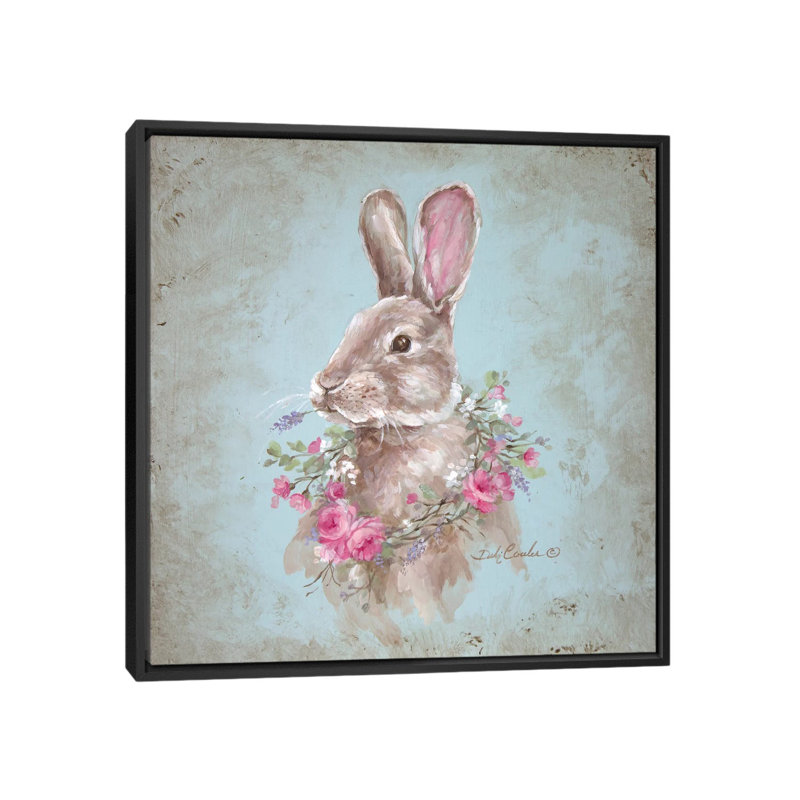 Bunny with Wreath - Reproduction d'art sur toile, H 18 po x l 18 po x P 1,5 po, Toile avec cadre noir, Pas de tapis