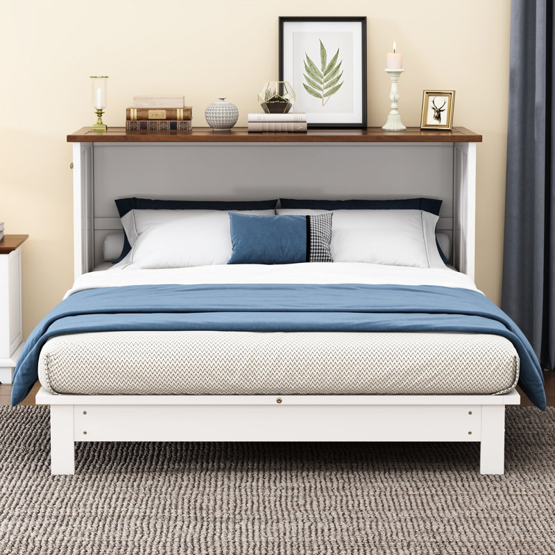 Lit avec rangement extensible, charge, double, blanc et noyer, option de charge pleine grandeur et grand compartiment de rangement, look, bois de pin pour le bureau