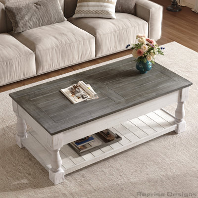 Table basse de style champêtre avec plateau relevable de 119 cm (47 po) et 3 plateaux de rangement dissimulés, table basse centrale en bois massif avec tablette inférieure ouverte, gris antique et blanc vieilli