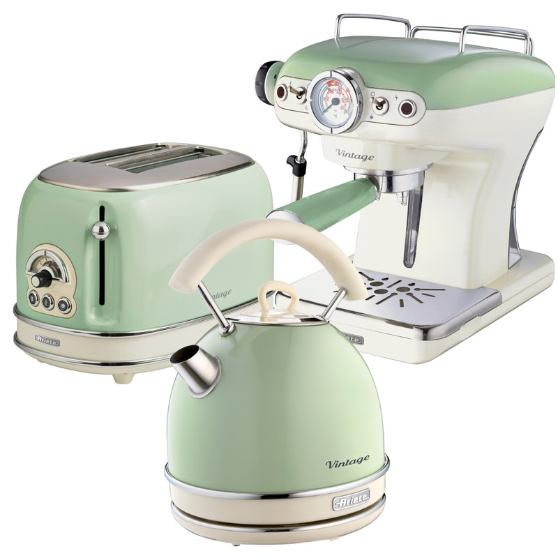 Ariete Vintage 1.7L Kettle with 2 Slice Toaster and 15 Bar Pump Espresso Coffee Machine Set, Green