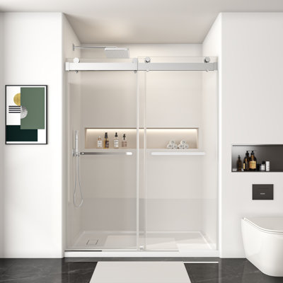 54 po X P 76 po H Porte de douche coulissante simple sans cadre avec Verre trempé transparent en chrome