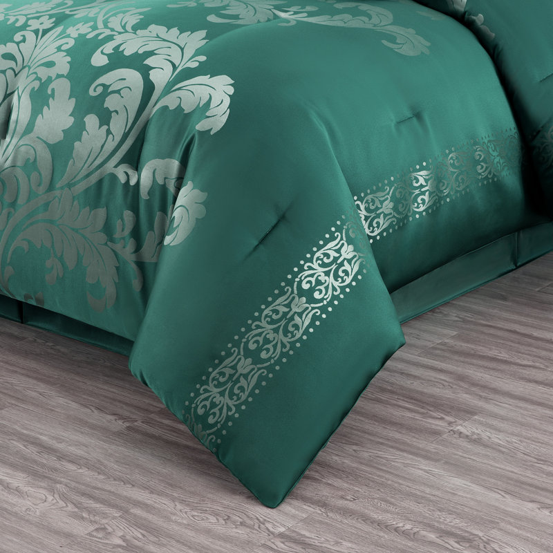 Royale Jacquard Floral 7 Piece Comforter Set, King Comforter + 6 Additional Pieces, Green/Silver