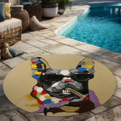 Abstract Smoking Dog - Contemporary Round Outdoor Rug | Home Decor