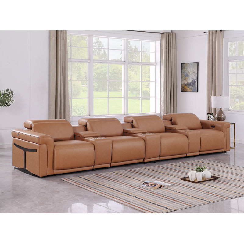 7-Piece 4-Power Reclining Italian Leather Sofa With Power Headrest, Cognac