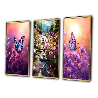 Pink Butterfly Wonderful Sunset IV - Animals Butterfly Art Set Of 3 Pieces
