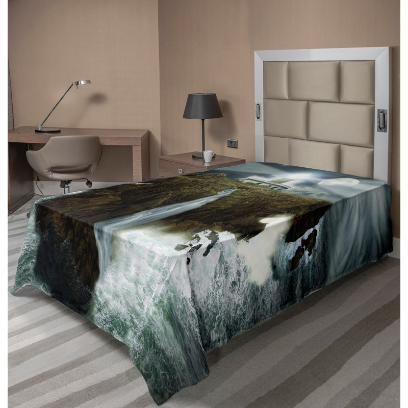Drap plat Ambesonne Island, gris et blanc, Drap plat pour lit simple