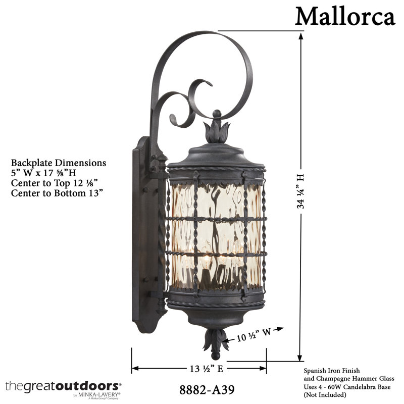 Mallorca 4 - Light Outdoor Wall Lantern, 60 Watt, Spanish Iron Textured Black Powder Coat