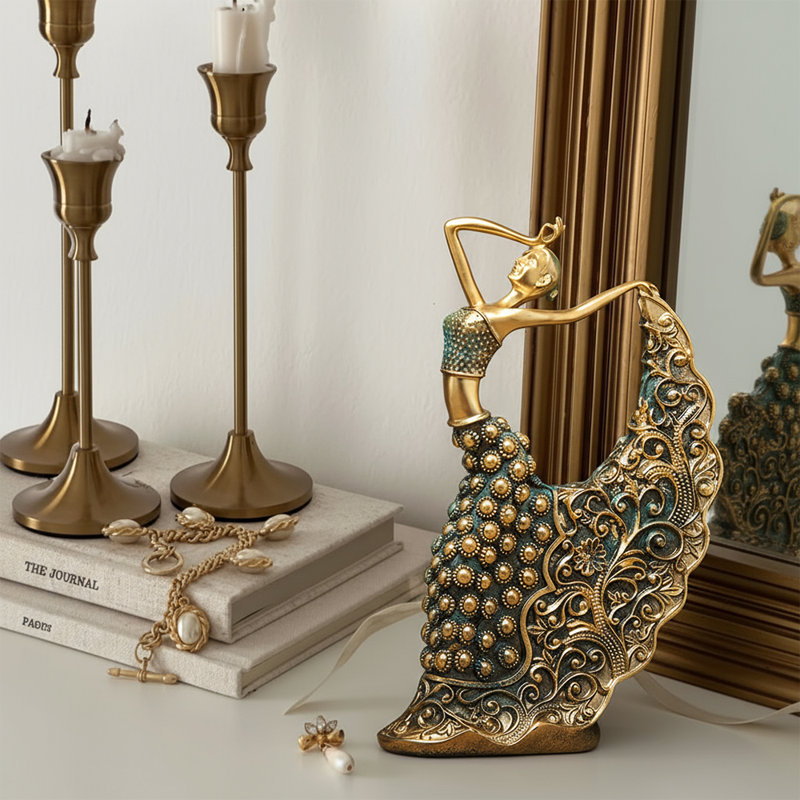 Peacock Dancing Woman Resin Statue, Vintage Gold Home Decor Accent